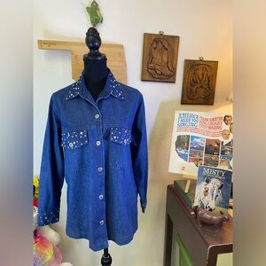 Marshall Rousso Vintage Button Down Denim Shacket Rhinestone Studded SMALL